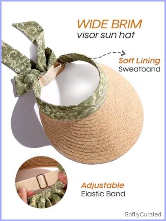 Straw Sun Hat with Bow Ribbon Packable Adjustable Visor for Women